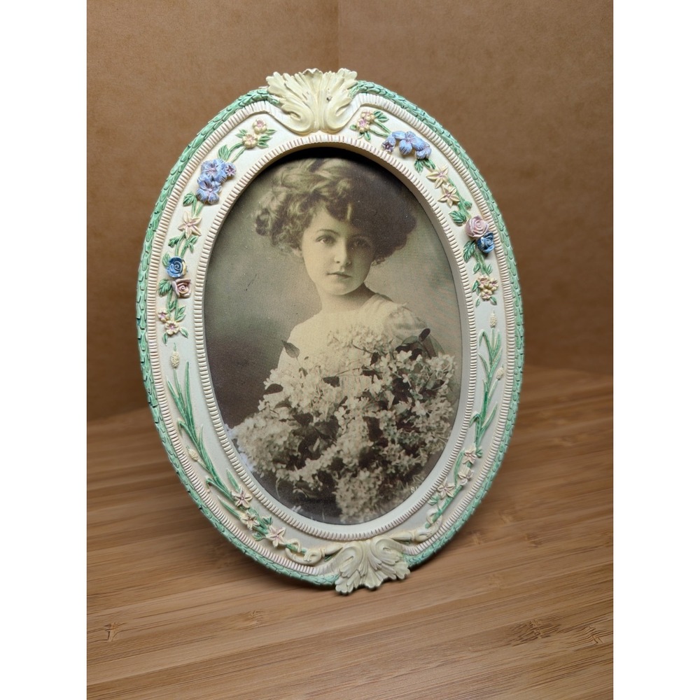 Vintage Pastel Flower Detail Hand Painted Picture Frame 4x6 Oval Grandmacore